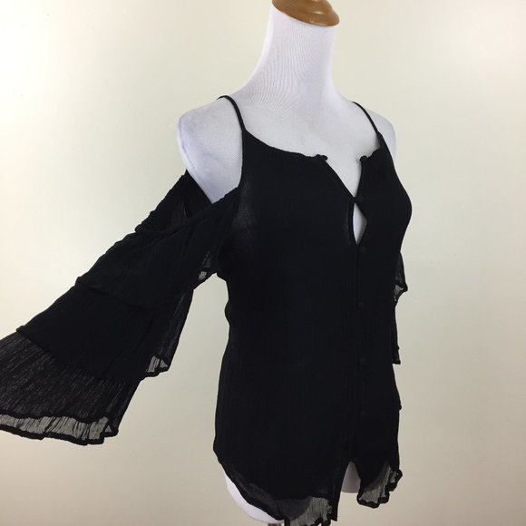 MAEVE Anthropologie Black Crepe Chiffon Cold Shoulder Ruffle Sleeve Button Shirt - Picture 1 of 10